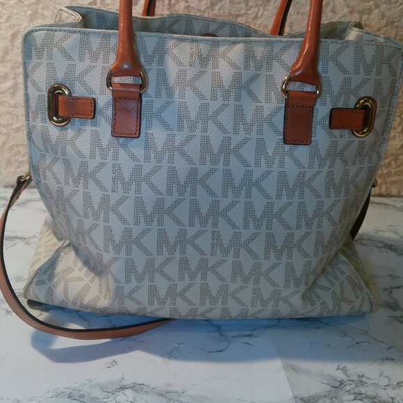 Michael Kors HAMILTON East West Tote Shoulder Bag VANILLA Canvas & Leather Used - Picture 2 of 16